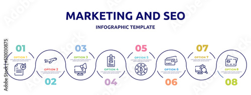 marketing and seo concept infographic design template. included fresh content, inclined airplane, responsive marketing, long id card, bit round button, , monitoring system, null icons and 8 option