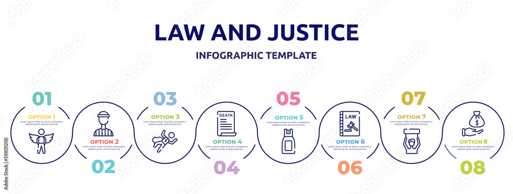 law and justice concept infographic design template. included innocent, prisioner, crime scene, death certificate, pepper spray, constitutional law, civil rights, bribery icons and 8 option or