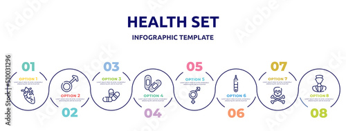 health set concept infographic design template. included heart organ, female, two color pill, sticking plaster, male and female, health thermometer, skull and crossbones, medical doctor icons and 8