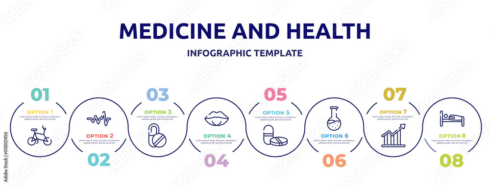 medicine and health concept infographic design template. included bicycle healthy transport, cardiac graphic, capsule, female mouth lips, tablet and capsule medications, test tube and flask, medicine and health concept infographic design template. included bicycle healthy transport, cardiac graphic, capsule, female mouth lips, tablet and capsule medications, test tube and flask,