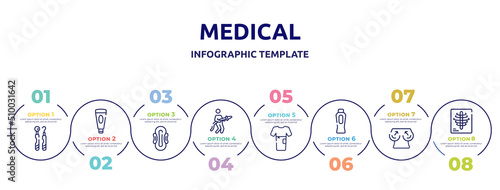 medical concept infographic design template. included dental hook, facial foam, sanitary napkin, fireman, patient robe, baby powder, boobs, x rays icons and 8 option or steps.