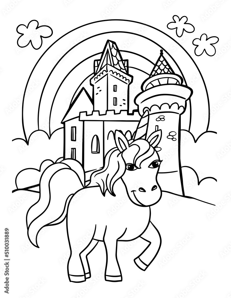 Unicorn with castle coloring page for kids. Children design. Stock