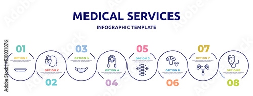 medical services concept infographic design template. included surgical tray, secret, dentist mask, jumping rope, chiropractic, fungi, reproductive system, iv bag icons and 8 option or steps.