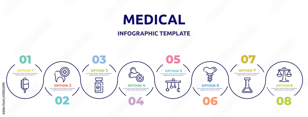 medical concept infographic design template. included drop counter, dental care, sleeping pills, allergenic, crib mobile, dental implant, medical lab, weigh scale icons and 8 option or steps. medical concept infographic design template. included drop counter, dental care, sleeping pills, allergenic, crib mobile, dental implant, medical lab, weigh scale icons and 8 option or steps.