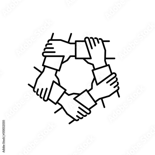 Unity and teamwork icon. Togetherness and cooperation concept. Helping hand symbol. Group of five business people holding arms.