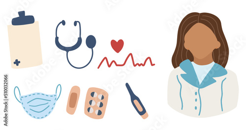 doctor character and medical equipment set on isolated background