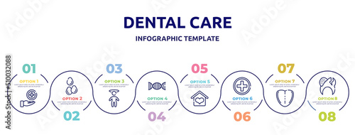 dental care concept infographic design template. included medical service, sesame, dizzy, genes, hospice, red cross, tongue, decayed icons and 8 option or steps.