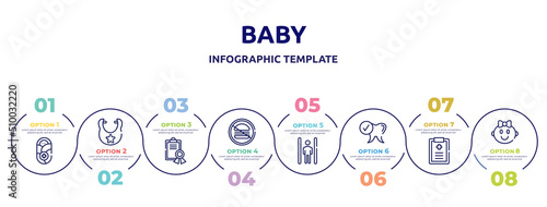 baby concept infographic design template. included pediatrics, bib, medical certificate, no junk food, inversion therapy, healthy tooth, medical prescription, baby girl icons and 8 option or steps.