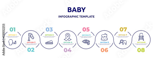 baby concept infographic design template. included asthma, intravenous, soy, funeral, conjunctivitis, swelling, dental checkup, baby chair icons and 8 option or steps.