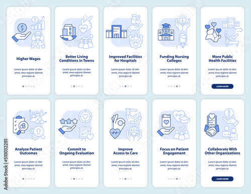 Healthcare system reform light blue onboarding mobile app screen set. Walkthrough 5 steps editable graphic instructions with linear concepts. UI, UX, GUI template. Myriad Pro-Bold, Regular fonts used