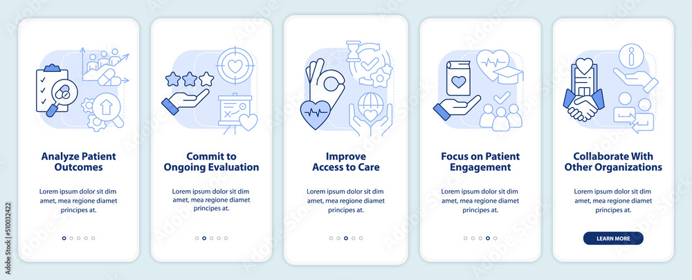 Advancing healthcare system light blue onboarding mobile app screen. Walkthrough 5 steps editable graphic instructions with linear concepts. UI, UX, GUI template. Myriad Pro-Bold, Regular fonts used