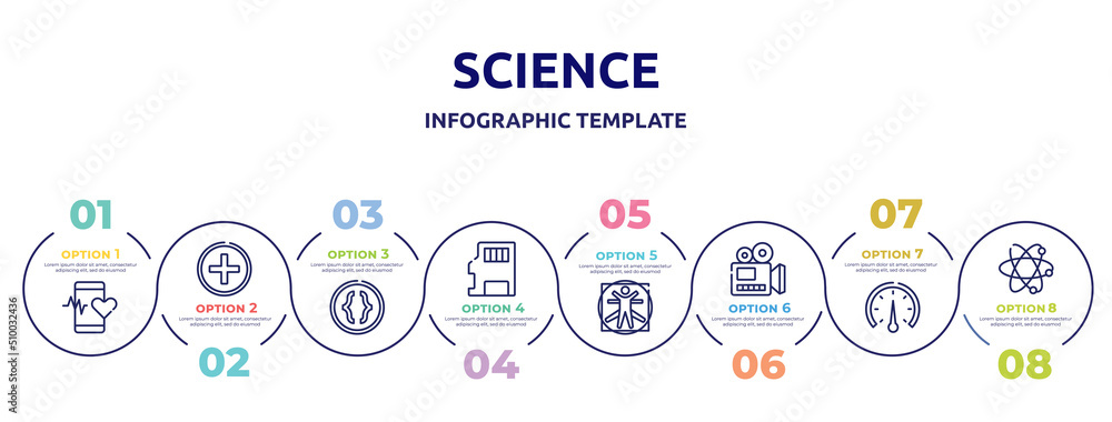 science concept infographic design template. included medical app, hospital, parentheses, sd, vitruvian man, documentary, barometer, atoms icons and 8 option or steps.