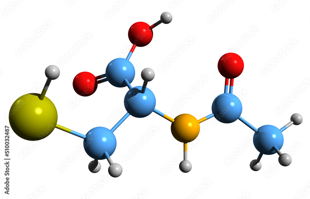 3D image of Acetylcysteine skeletal formula - molecular chemical structure of N-acetylcysteine isolated on white background
3D image of Acetylcysteine skeletal formula - molecular chemical structure of N-acetylcysteine isolated on white background