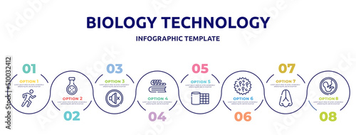 biology technology concept infographic design template. included physical, chemical reaction, silent, bookworm, gauze, ovule, body part, embryo icons and 8 option or steps.