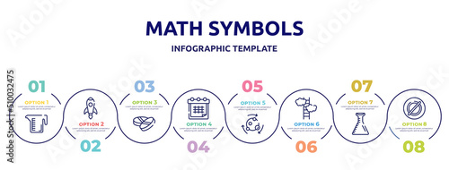 math symbols concept infographic design template. included measure cup, rocket launch, drugs, timetable, metabolism, ascend, volumetric flask, empty icons and 8 option or steps.
