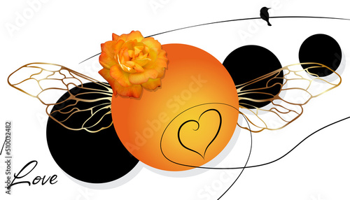 abstract rose orange black circle wings golden fly bird heart sign love line