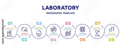 laboratory concept infographic design template. included biochemistry, baseball helmet, anthropology, is approximately equal to, gyroscope, protons, sigma, chemical bond icons and 8 option or steps.