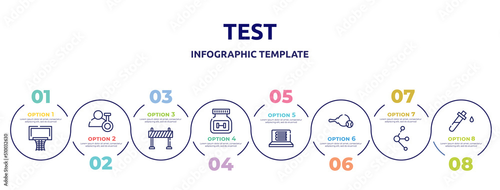 test concept infographic design template. included basketball equipment, biochemist, traffic barrier, supplement, e-learning, table tennis, molecules, blood test icons and 8 option or steps.