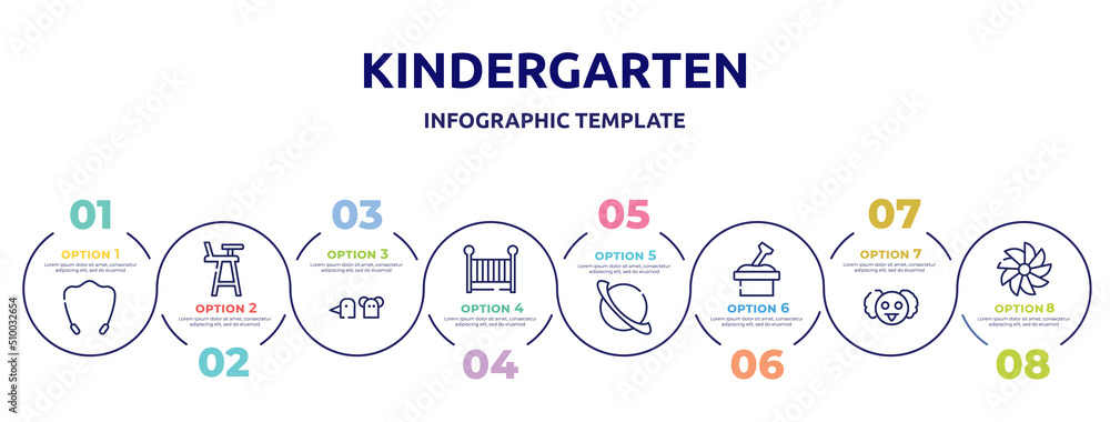 kindergarten concept infographic design template. included jump rope, highchair, hand puppet, cradle, saturn, sandbox, professor, whirligig icons and 8 option or steps.