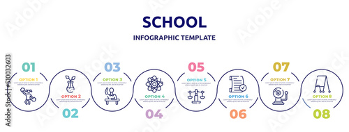 school concept infographic design template. included cheerleader, botanic, raising hand, neutrons, libra, passed, alarm bell, flipchart icons and 8 option or steps.