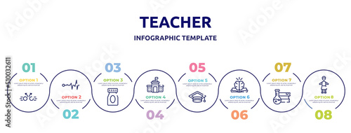 teacher concept infographic design template. included collision, life line, medication, high school, graduation hat, philosophy, science book, headmistress icons and 8 option or steps.
