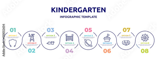 kindergarten concept infographic design template. included jump rope, highchair, hand puppet, cradle, saturn, sandbox, professor, whirligig icons and 8 option or steps.