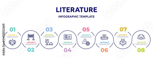 literature concept infographic design template. included einstein, finish line, car park, driving license, engeneering, rearview mirror, , shakespeare icons and 8 option or steps.