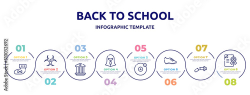 back to school concept infographic design template. included booties, hazard, pillars, spartan, electron, football boots, damaged, grade icons and 8 option or steps.