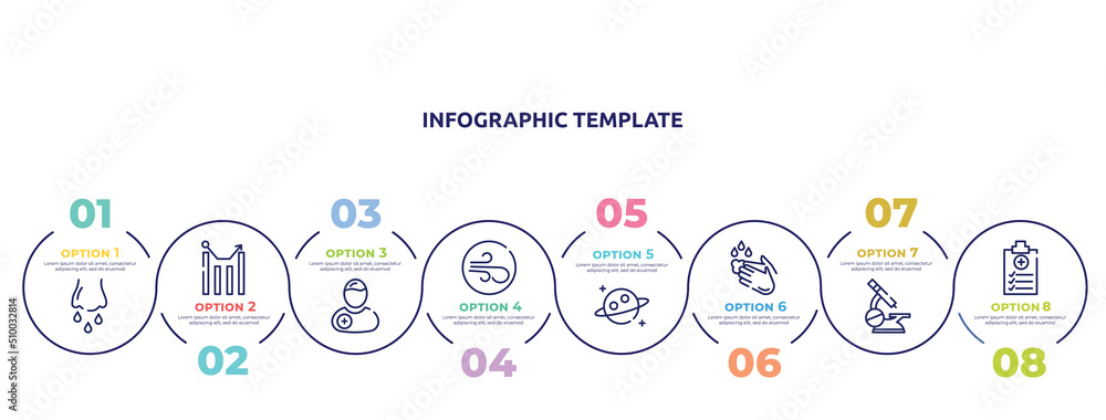 concept infographic design template. included runny e, statistics, patient, air, planet, hand wash, microscope, medical report icons and 8 option or steps.
