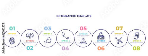 concept infographic design template. included bacterias, kidney, sneezing, stethoscope, virus warning, air transmission, cells, touch icons and 8 option or steps.