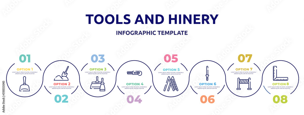 tools and hinery concept infographic design template. included dustpan, digging, two spatulas, null, ladder open, knife file, road panel, corner ruler icons and 8 option or steps. tools and hinery concept infographic design template. included dustpan, digging, two spatulas, null, ladder open, knife file, road panel, corner ruler icons and 8 option or steps.