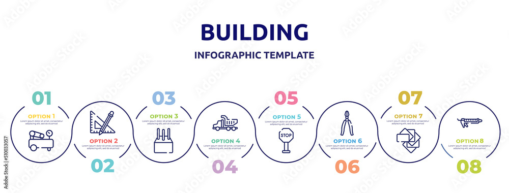 building concept infographic design template. included air compressor, ruler and pencil, concrete, tipper truck, stopping, big pliers, color pack, sealant icons and 8 option or steps. building concept infographic design template. included air compressor, ruler and pencil, concrete, tipper truck, stopping, big pliers, color pack, sealant icons and 8 option or steps.