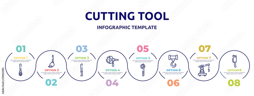 cutting tool concept infographic design template. included toilet brush, mop, bread knife, grinder hine, wood cutter, crane hook, small crane, cleaver icons and 8 option or steps. cutting tool concept infographic design template. included toilet brush, mop, bread knife, grinder hine, wood cutter, crane hook, small crane, cleaver icons and 8 option or steps.