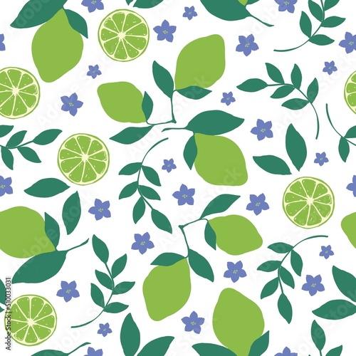 Seamless citrus pattern. juicy limes on a branch and flowers. white background. Fashionable print for textiles and wallpaper.