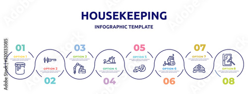 housekeeping concept infographic design template. included paint can open, calipers, trucking, plane controls, big saw, bulldozing, torch helmet, window cleaner icons and 8 option or steps.