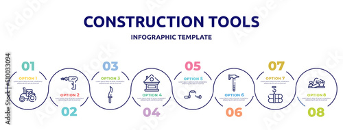 construction tools concept infographic design template. included farm tractor, perforator, kirpan, lodge, brace, battle axe, tubes hook, planer icons and 8 option or steps.