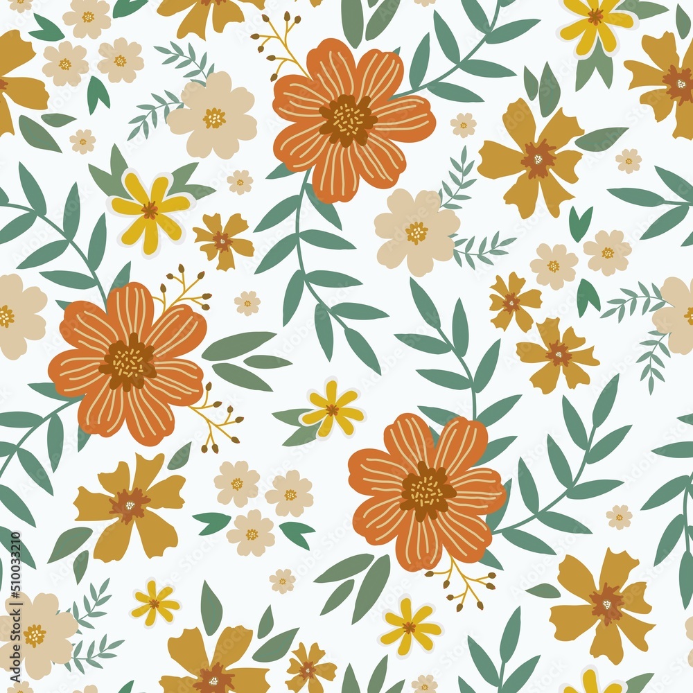 seamless vintage pattern. Orange and yellow flowers, green leaves. pink background. vector texture. fashionable print for textiles and wallpaper.