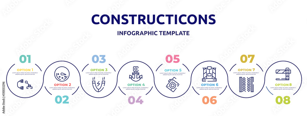 constructicons concept infographic design template. included hinery parts, circular speedometer, inclined magnet, anchor navigational tool, roulette with button, derrick with box, tiremark, road constructicons concept infographic design template. included hinery parts, circular speedometer, inclined magnet, anchor navigational tool, roulette with button, derrick with box, tiremark, road