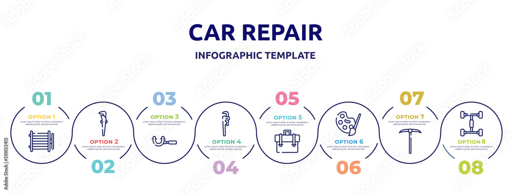 car repair concept infographic design template. included condenser, adjustable spanner, micrometer, stillson wrench, businessman portfolio, pallete, gardening digger, chassis icons and 8 option or car repair concept infographic design template. included condenser, adjustable spanner, micrometer, stillson wrench, businessman portfolio, pallete, gardening digger, chassis icons and 8 option or