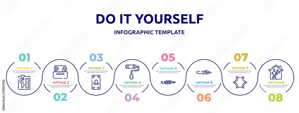 do it yourself concept infographic design template. included automatic transmission, wrench and nut, switch on, painter roller, suspension, sharp chainsaw, benzene, repairman inside a home icons and do it yourself concept infographic design template. included automatic transmission, wrench and nut, switch on, painter roller, suspension, sharp chainsaw, benzene, repairman inside a home icons and