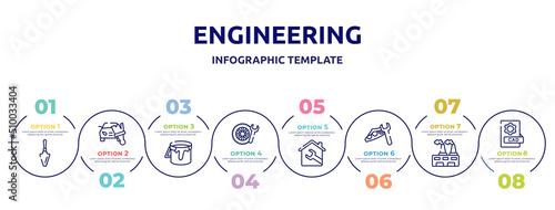 engineering concept infographic design template. included garden palette, car painting, open paint bucket, winter tires, house, headlight, wastes, cad icons and 8 option or steps.