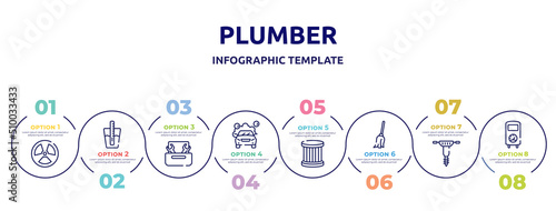 plumber concept infographic design template. included radiation, tester, nuts and bolts, car wash, oil filter, cleaning mop, hydraulic breaker, boiler icons and 8 option or steps.