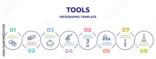 tools concept infographic design template. included oil gauge, woods, head protection, crucible, tassel, dozer, screwdrivers, plunger icons and 8 option or steps.
