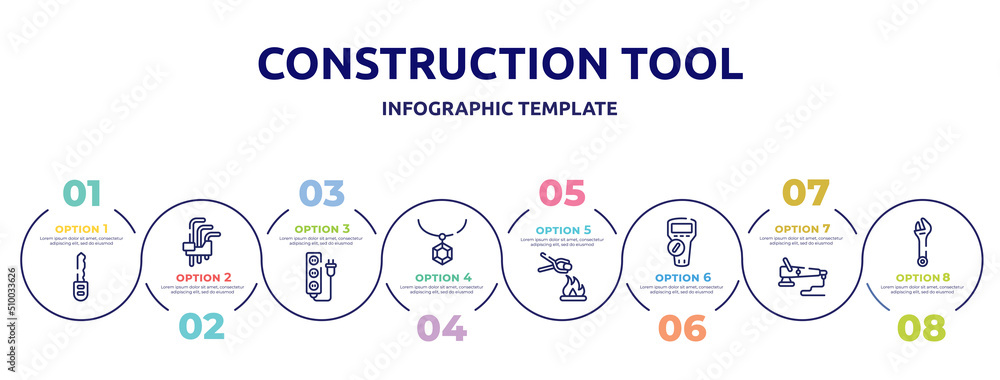 construction tool concept infographic design template. included car key, hex key, extension cord, rhinestone, furnace, multimeter, polisher, spanner icons and 8 option or steps. construction tool concept infographic design template. included car key, hex key, extension cord, rhinestone, furnace, multimeter, polisher, spanner icons and 8 option or steps.