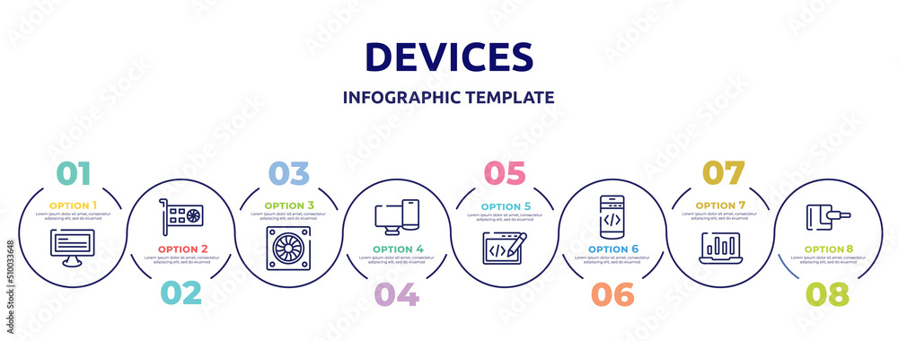 devices concept infographic design template. included monitor with text, null, computer fan, screens, editing code, mobile programming, stats on a screen, power adapter icons and 8 option or steps.