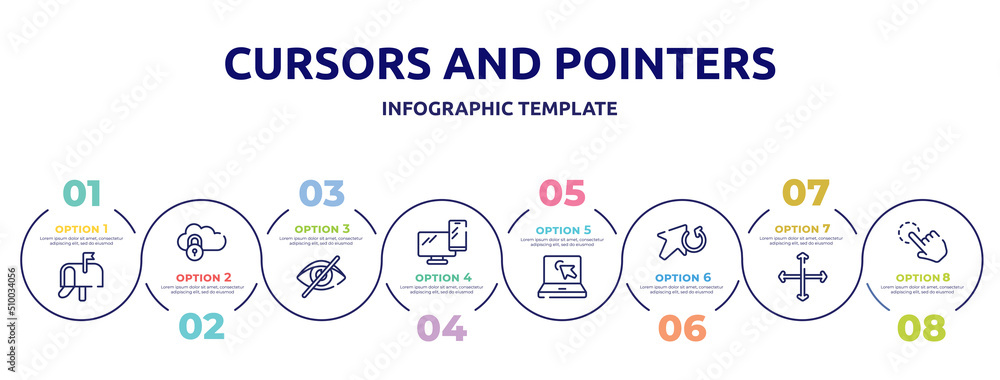 cursors and pointers concept infographic design template. included , password of internet, visibility off, pc smartphone, laptop with arrows, update arrow, vertical and horizontal arrows, click cursors and pointers concept infographic design template. included , password of internet, visibility off, pc smartphone, laptop with arrows, update arrow, vertical and horizontal arrows, click