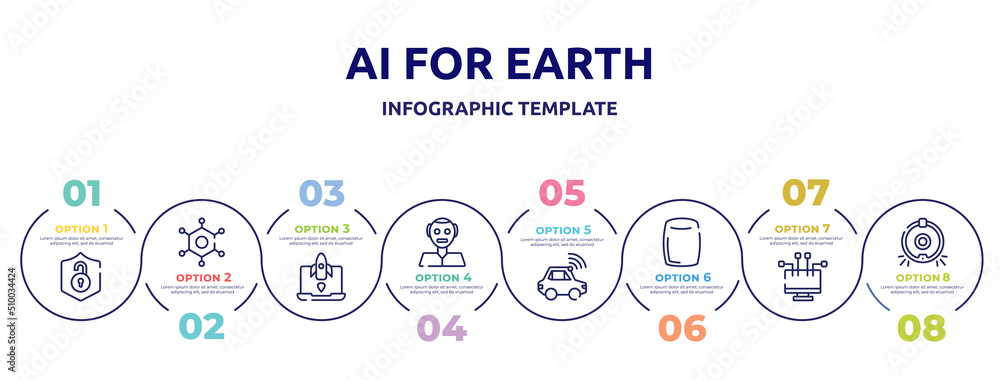 ai for earth concept infographic design template. included unsecure, nanotechnology, missile, humanoid, autonomous car, homepod, streaming, robot vacuum cleaner icons and 8 option or steps. ai for earth concept infographic design template. included unsecure, nanotechnology, missile, humanoid, autonomous car, homepod, streaming, robot vacuum cleaner icons and 8 option or steps.