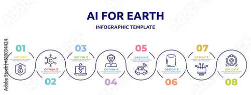 ai for earth concept infographic design template. included unsecure, nanotechnology, missile, humanoid, autonomous car, homepod, streaming, robot vacuum cleaner icons and 8 option or steps.