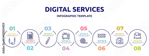 digital services concept infographic design template. included jack  spreadsheet  digital pen  broadcasting  magnetic tape  port  backdoor  online tracking icons and 8 option or steps.