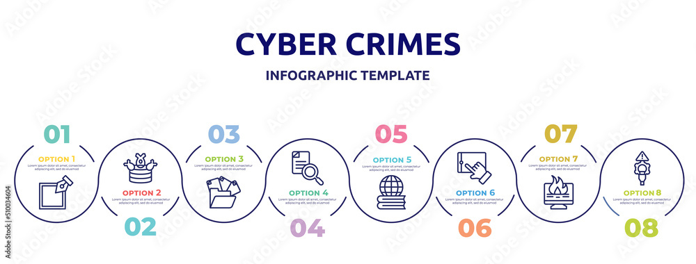cyber crimes concept infographic design template. included edit tool, ddos, unstructured data, search file, learning, touchscreen, data loss, connectivity icons and 8 option or steps.